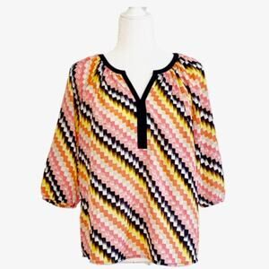 Ann Taylor Blouse Top Petite Multicolor Zig Zag 3/4 Sleeve Retro Casual Size SP